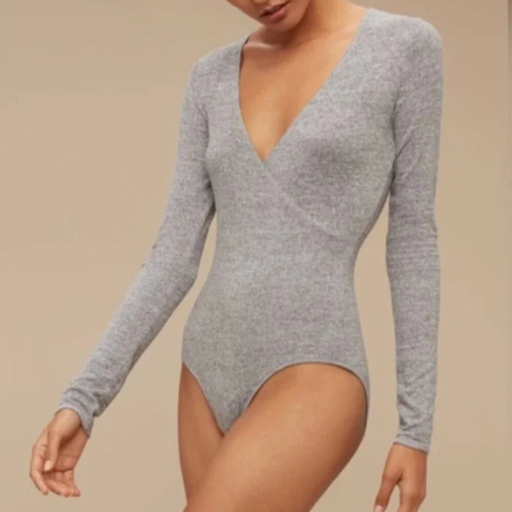 Gray Wrap/Crossover Long Sleeve Bodysuit